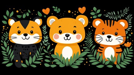 Naklejka premium Delightful pixelated animal trio radiating joy amid lush foliage a charming pixel art composition evoking playful warmth and whimsical charm suitable for kids