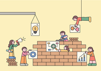 Business teamwork concept illustration. People building a wall with icons of ideas, charts, gears, and puzzles. Flat vector style.