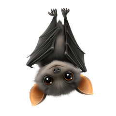 Adorable cartoon bat hanging upside down with big brown eyes and grey fur. Small, cute Halloween design. Background is black and plain.