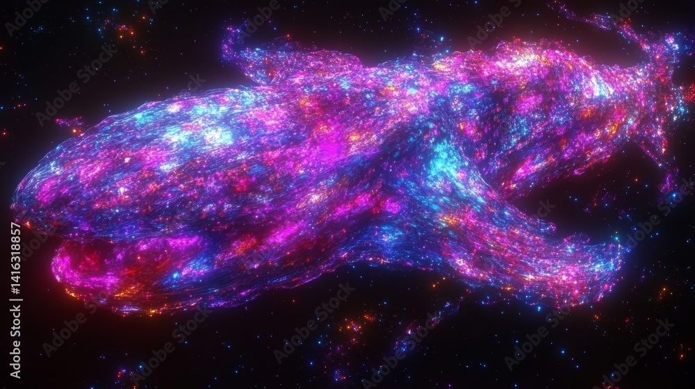 Poster nebulaic shark formation floating through deep space with vibrant colorful cosmic cloud galaxy creat