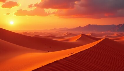 Fototapeta premium Fiery orange hues paint vast dunes, distant mountains silhouetted , horizon, desert sunset, background