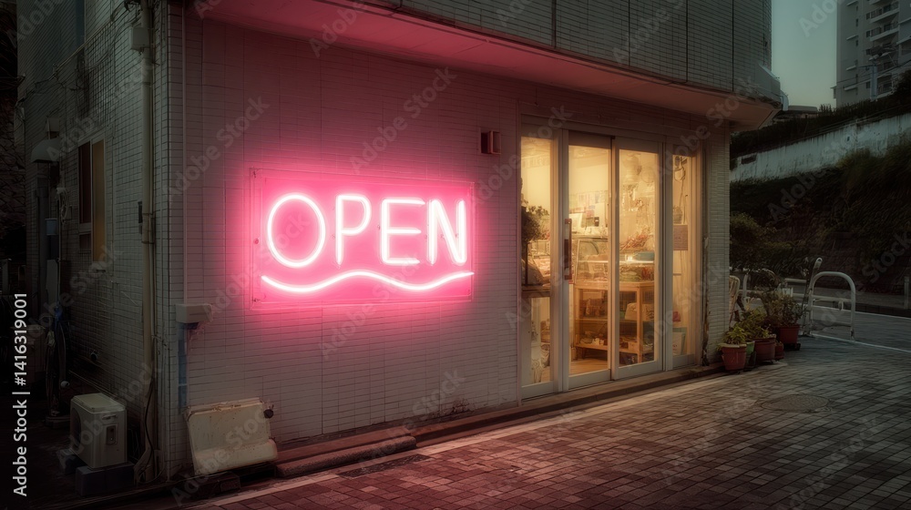 Poster technology style whit net glowing wave,glowing line glow wave,glow line , open sign in a small busin