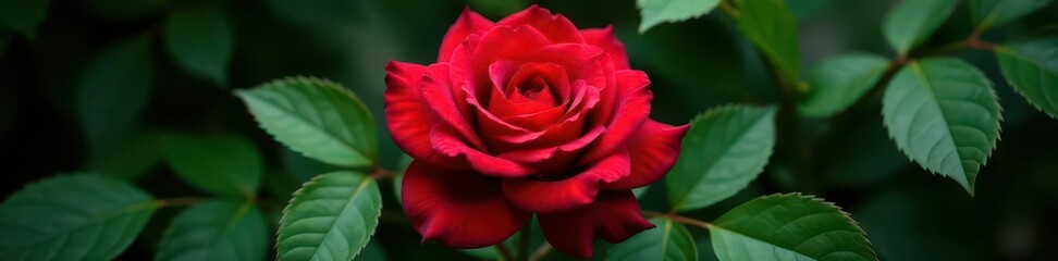 Deep red rose centerpiece, vibrant green leaves surround,  texture,  romantic,  foliage