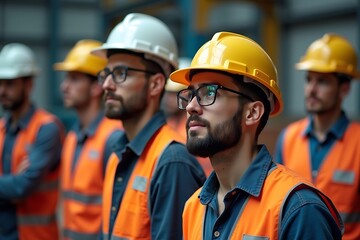 A Line Of Construction Workers Wearing Hard Hats And Safety Vests, Skilled Labor, Industrial Workforce