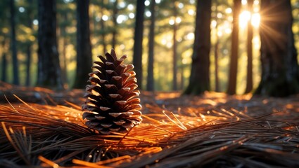 Fototapeta premium Pine Cone Standing Tall on Forest Floor with Golden Sunlight