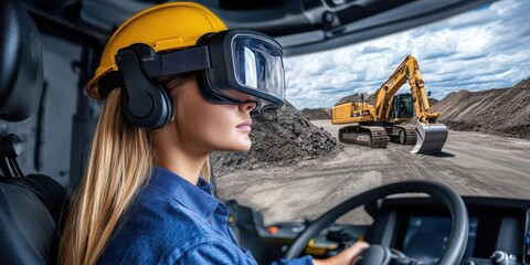 Woman using virtual reality headset in construction vehicle, observing excavator in action