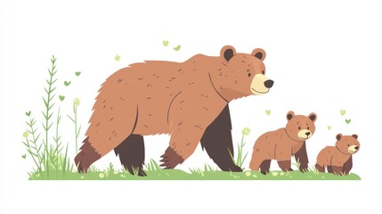Cute brown bear family walking in meadow