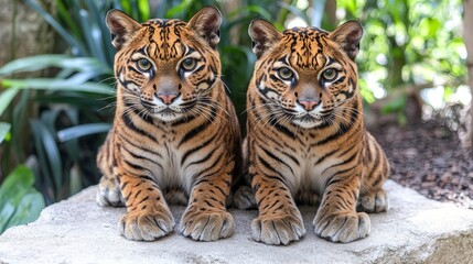 Obraz premium Enchanting duo of tiger cubs sitting majestically on a rock basking in the sunlight their fur glistening gracefully amidst lush greenery scenery