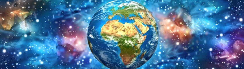 Fototapeta premium A vibrant artistic depiction of Earth surrounded by a cosmic background, showcasing continents and a starry atmosphere.