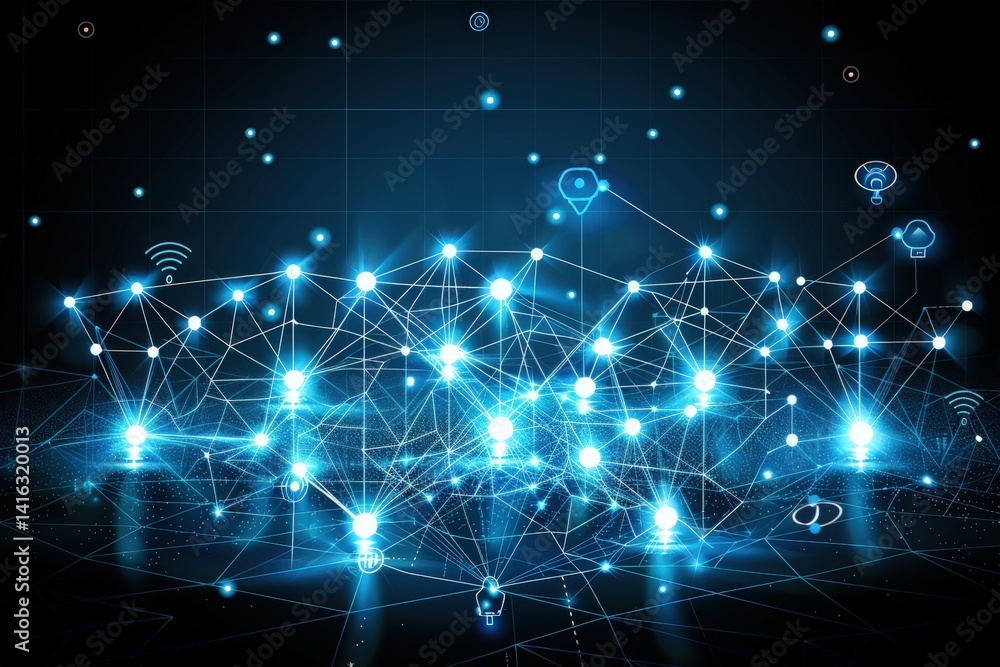 Poster a digital network representation with glowing nodes and connections, symbolizing technology, communi