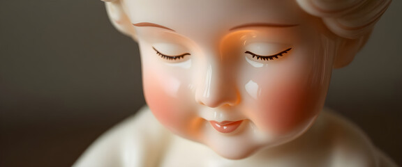 close up of a statue of a child with closed eyes