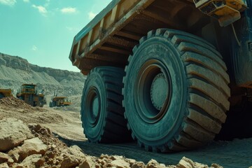 Large mining truck tires in a quarry with heavy machinery and rocky terrain in the background