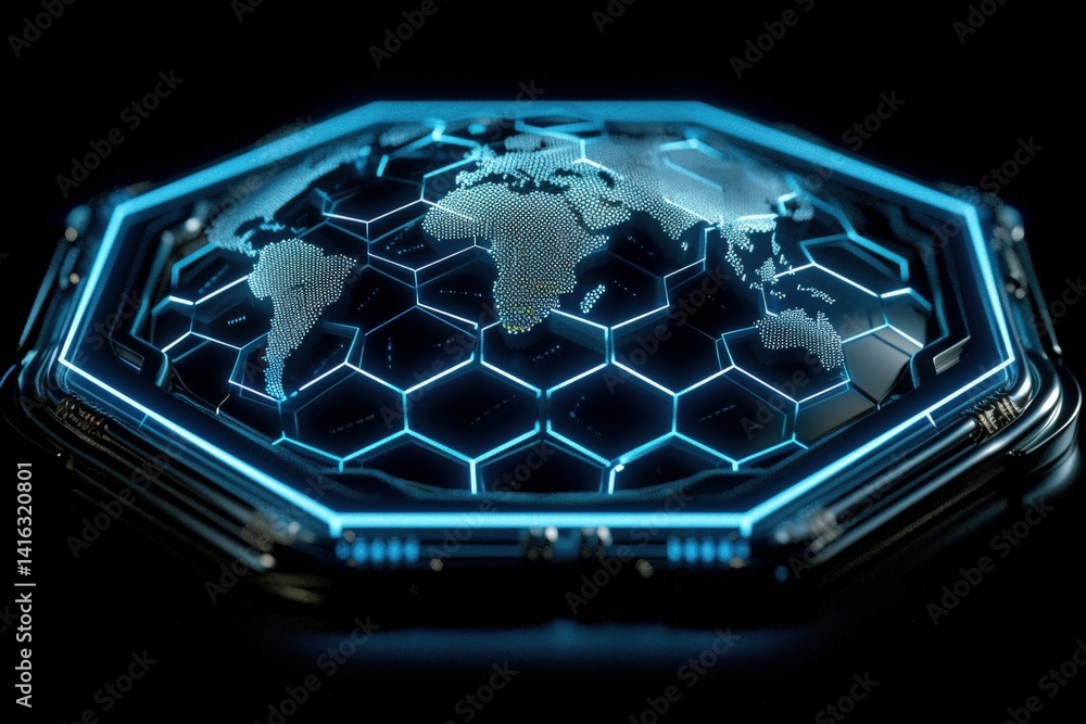 Poster a futuristic hexagonal map displaying continents in glowing blue, set against a dark background, sug