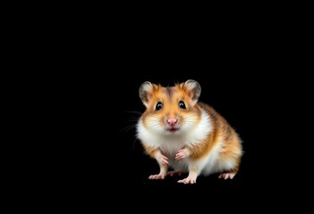 Small hamster posed against a pure black backdrop, fur, whiskers