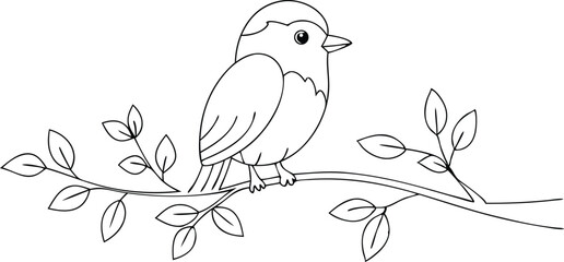 Line Art Bird on Branch, Simple Outline, Sparrow Perched, Minimalist Design, Nature Motif