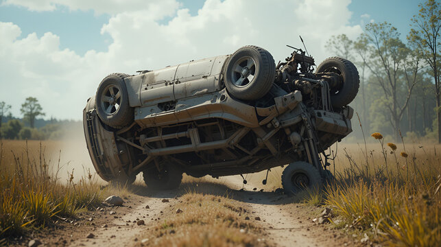 Big SUV car after rollover on the roof in nature. Car crash in agricultural field. Accident on a dusty rural road. Isolated, deformed crashed overturned upside-down vehicle.