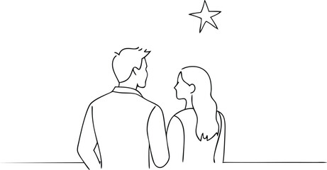 Fototapeta premium Minimalist Line Art Couple Gazing at a Star, Black and White Drawing, Abstract People