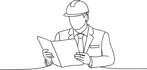 Outline Drawing Asian Architect in Hard Hat Reviewing Document, Wearing Suit, Tie