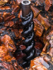 Close-up of a twisted metal drill bit embedded in vibrant red and black rock formations