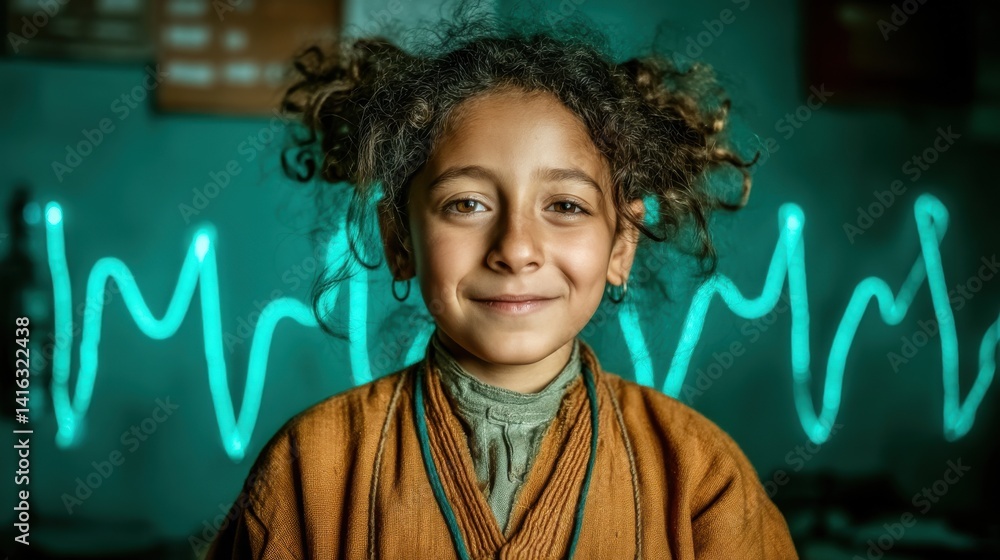 Poster technology style whit net glowing wave,glowing line glow wave,glow line , smiling middle eastern sch
