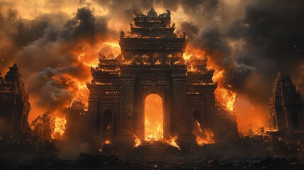 Fototapeta premium A striking temple engulfed in flames against a dark, smoky backdrop creates a dramatic atmosphere. Perfect for captivating visuals and storytelling.