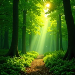 dappled forest scene with sunlight filtering through leaves, leafy, foliage