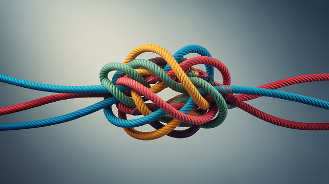 Colorful Twisted Ropes Intertwined Connectivity, Complexity, and Collaboration Concepts with a Soft Gradient Background for Creative Projects