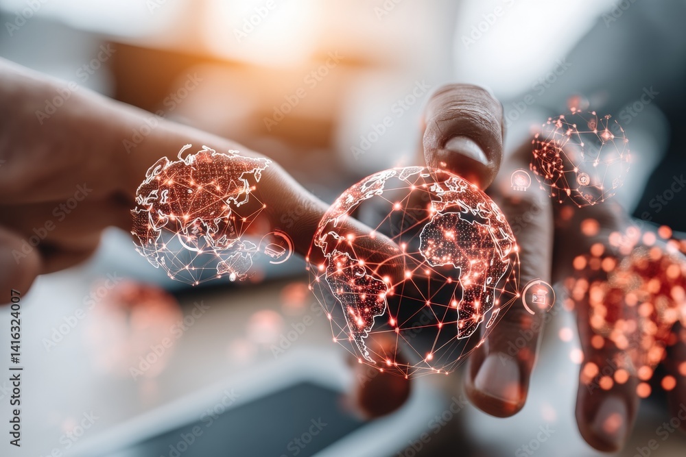 Poster a close-up of hands reaching towards a digital globe, symbolizing global connectivity and technology
