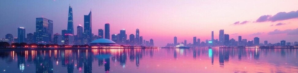 futuristic cityscape at dusk with skyscrapers and neon lights reflected in a shiny white background ,  cityscape, neon lights