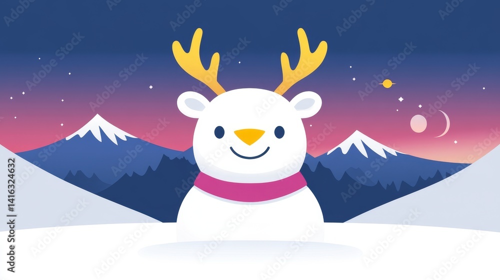 Poster pixelated winter wonderland reindeer character with snow-capped mountains and gradient sky, creating