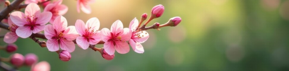 intricate details of pink sakura blossoms on a serene greenery backdrop, vibrant, foliage, botanical