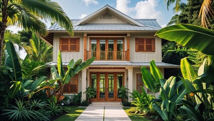 a tropical-style, two-story house surrounded by lush greenery. The house features a light beige exterior with a metal gabled roof and wooden shutters on the upper windows. 