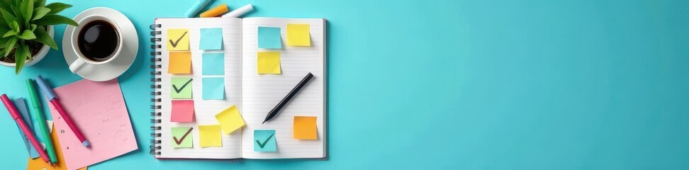 Colorful notebook with checkmarks & sticky notes, coffee & pens on blue backdrop , creative, productivity