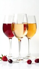 Crystal wine glasses filled with diverse wines, clean white background, wine, white wine, beverage