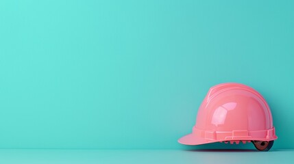 Fototapeta premium Pink Hard Hat on a Vibrant Turquoise Background for Safety Gear Concepts