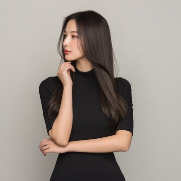 Confident Asian Woman in Black Turtleneck Looking to the Side on Neutral Background