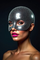 Elegant model wearing a sparkling mask, showcasing beauty and mystery in a dramatic studio setting