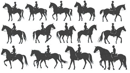 Equestrian Silhouettes: A Collection of Horse and Rider Poses in Dark Grey