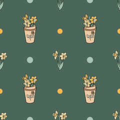 Seamless pattern with cups and daffodils