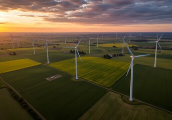 Obraz premium Green energy helps reduce carbon emissions and makes earth cleaner ecological. Aerial view, wind turbines, agricultural fields, patchwork landscape, Windmill turbines generating green energy electric.