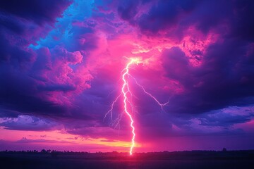 Bright pink and purple lightning strikes dramatically through a stormy sky