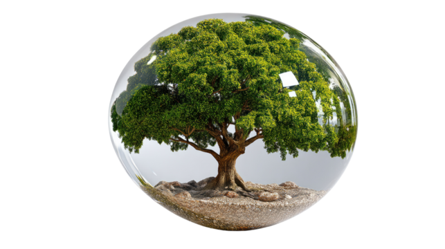 Tree in a Crystal Sphere: A symbolic representation of delicate fragility of nature, a lush green tree is encapsulated inside a crystal sphere.