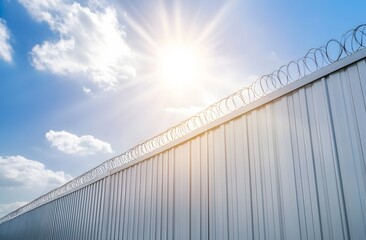 High security fence against a vibrant sky.