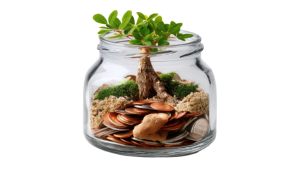 Growth in a Glass: A miniature ecosystem thrives within a glass jar, where a vibrant plant sprouts from a bed of coins, symbolizing the flourishing of prosperity and financial growth