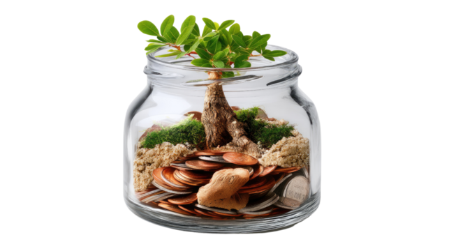 Growth in a Glass: A miniature ecosystem thrives within a glass jar, where a vibrant plant sprouts from a bed of coins, symbolizing the flourishing of prosperity and financial growth