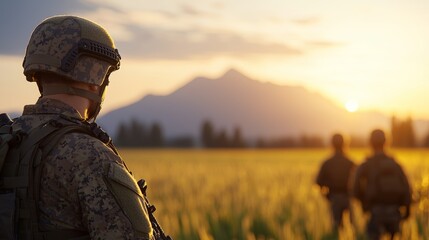 Soldier on Patrol in Remote Village with Mountains and Nature Background at Sunset
