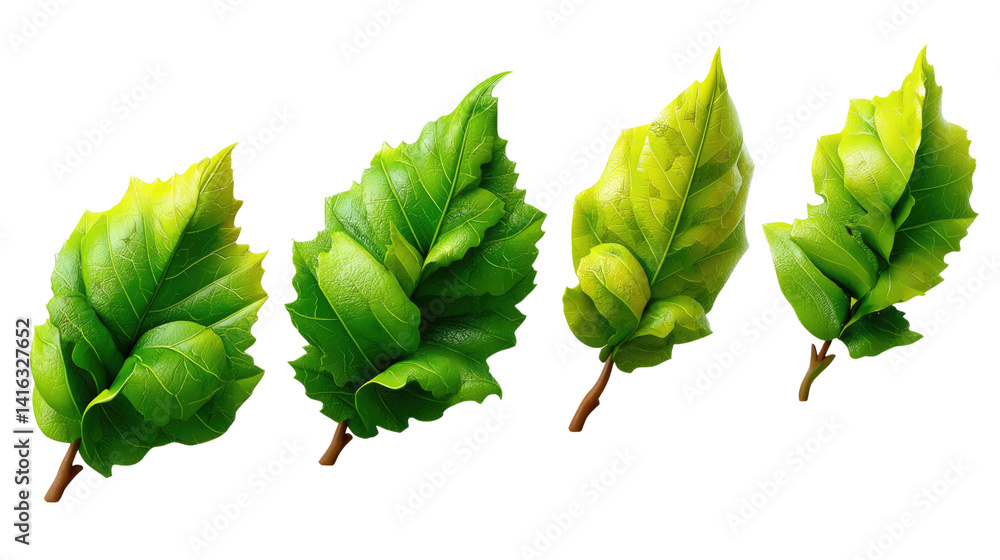 Poster leaf variation: a collection of fresh green leaves displaying a range of textures, vibrant color hue