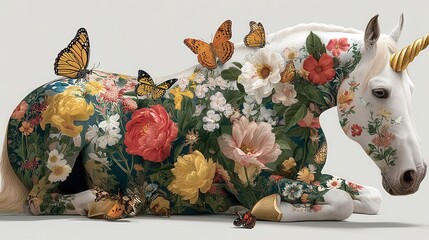unicorn adorned with flowers and surrounded by butterflies isolated on a white background,photo stock
