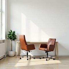 Minimalist white wall with wooden desk and two leather chairs in a modern office space, minimalist, chair