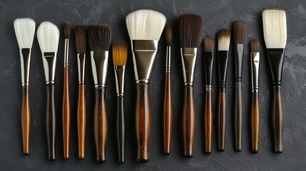 Collection of brown brushes arranged with varying sizes and bristle shapes visible.